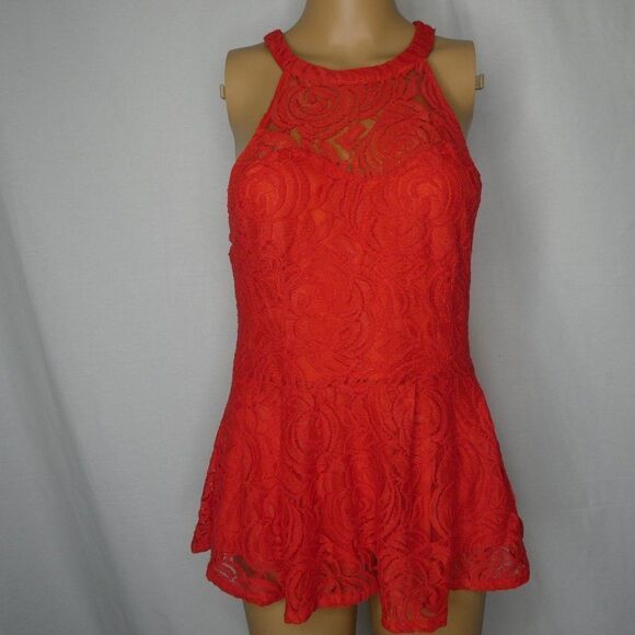 Ambar High Sweetheart Neck Lace Peplum Blouse Top Red Sleeveless Semi Sheer - Picture 1 of 10